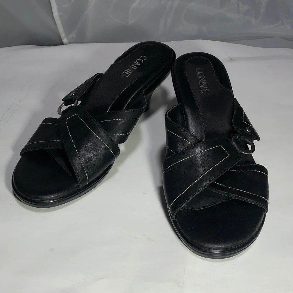 Connie Women's Wiggle Black Heeled Leather Mules, Size 9 1/2” M - Picture 16 of 16
